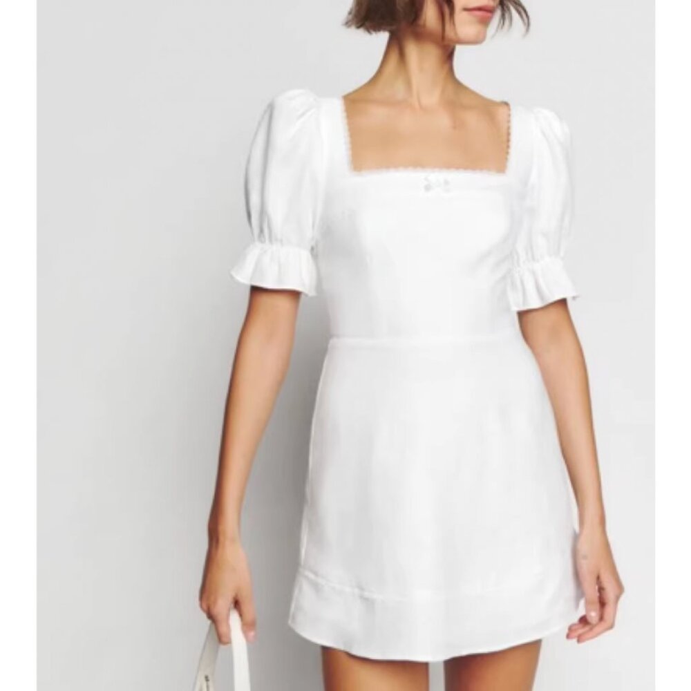 BEST Reformation Evianna Linen Mini Dress Sz0/2/4 White Classic French - Picture 5 of 12